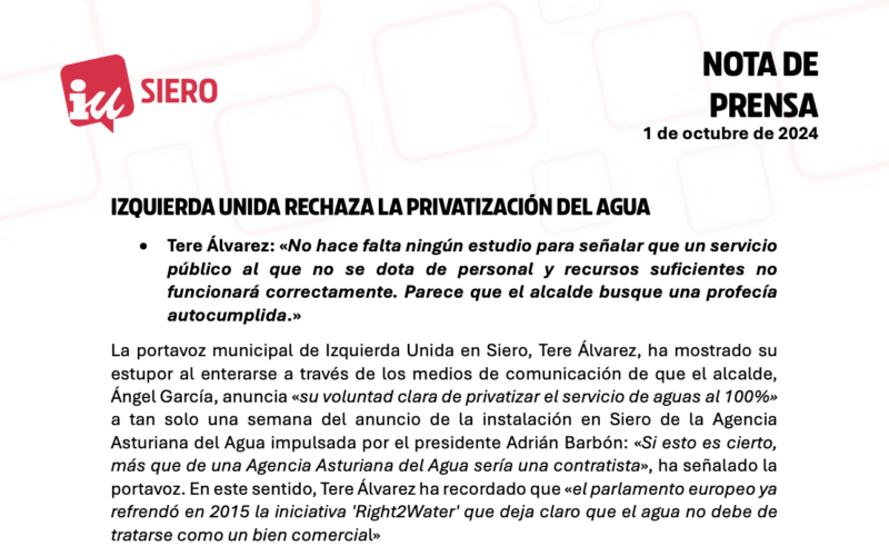 IZQUIERDA UNIDA RECHAZA LA PRIVATIZACIÓN DEL AGUA