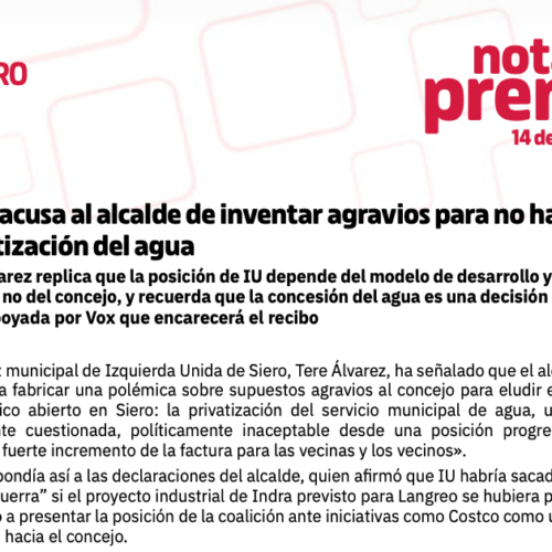 IU Siero acusa al alcalde de inventar agravios para no hablar de la privatización del agua