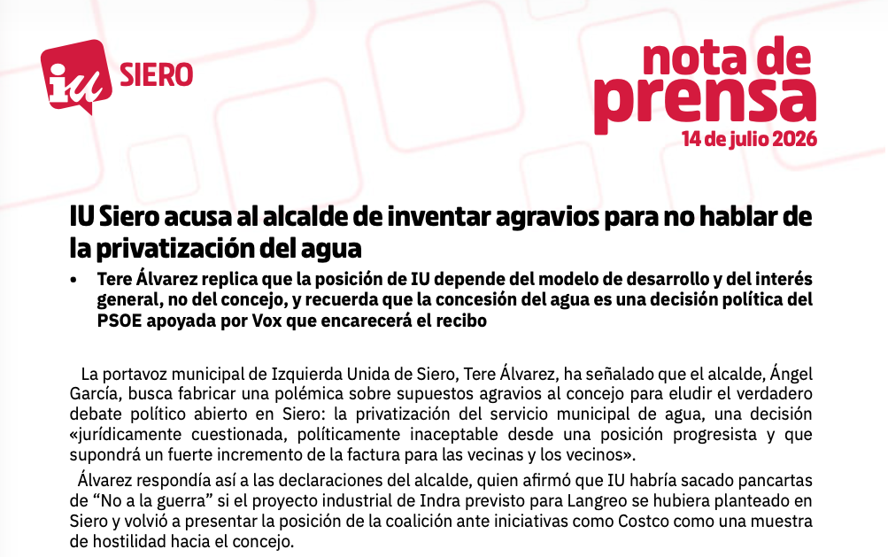IU Siero acusa al alcalde de inventar agravios para no hablar de la privatización del agua
