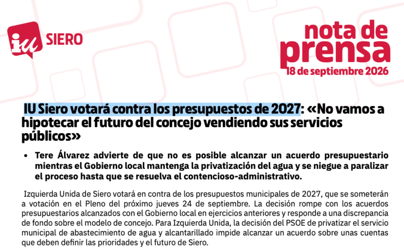 IU Siero votará contra los presupuestos de 2027: «No vamos a hipotecar el futuro del concejo vendiendo sus servicios públicos»