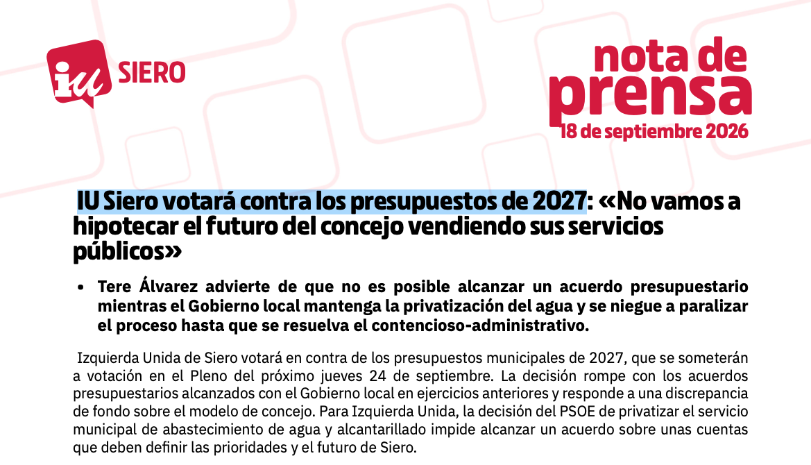 IU Siero votará contra los presupuestos de 2027: «No vamos a hipotecar el futuro del concejo vendiendo sus servicios públicos»